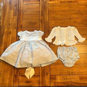 3M Ralph Lauren Layette Collection Baby Blue Embroidered Dress Bloomers Cardigan